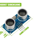 Ultrasonic Distance Sensor Module HC SR04 for Arduino Uno Mega Nano, dimensions labeled, showing 45mm x 20mm x 15mm size.