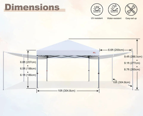 Pop Up 10x10 Canopy Tent With Center Lock Easy One Person Setup Dual Shelters showing dimensions and UV resistance