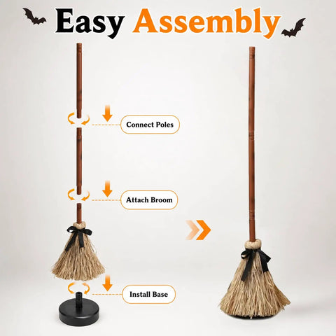 Floating Witch Broom 37 Inch Lit Up Dancing Broomstick With Motion Activation Touch Sensing Spooky Sounds Mute Mode Indoor Party Decor For Haunting Displays And Seasonal Cheer. Easy assembly with connected poles, broom, and base
