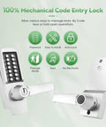 Mechanical Entry Keypad Door Lock With Key And Auto Locking Push Button Code, interior and exterior view, brushed nickel finish.