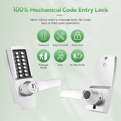 Mechanical Entry Keypad Door Lock With Key And Auto Locking Push Button Code, interior and exterior view, brushed nickel finish.