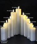 Flameless Votive Pillar Candles Set Of 7 With Remote, various ivory LED candles with timer, showcasing different heights, realistic flickering flame.