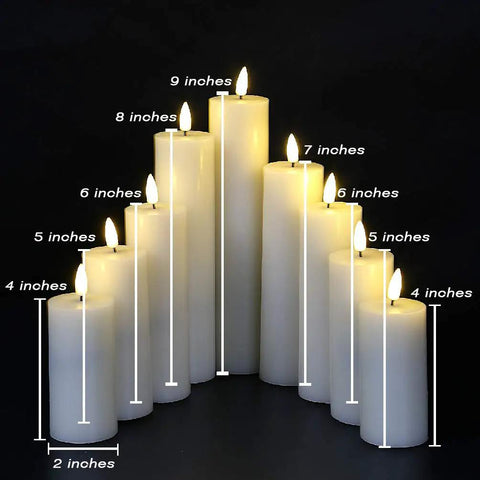 Flameless Votive Pillar Candles Set Of 7 With Remote, various ivory LED candles with timer, showcasing different heights, realistic flickering flame.