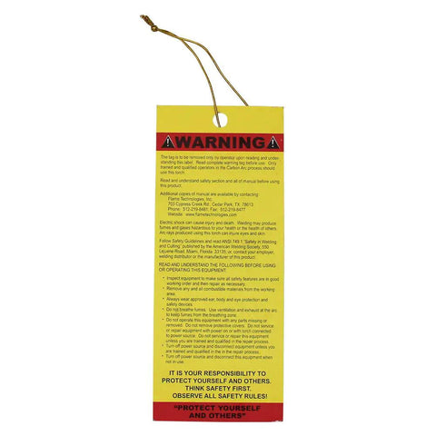 Warning label for K3000 Carbon Arc Gouging Torch System 600 Amp, safety instructions with attached string, yellow and red design.