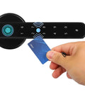 No Sweat 4 In 1 Smart Door Lock With Rapid Fingerprint Scanner Keypad Pin Ic Card Swipe And Mechanical Key Backup Solid Matte Black Lever close-up with card swipe in progress.