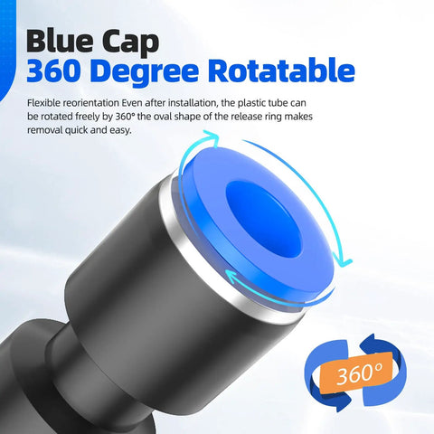 Close-up of blue cap showing 360-degree rotatable feature on a 40 Piece Quick Connect Air Hose Fittings Kit One Eighth Inch OD Push To Connect.