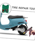 Complete Heavy Duty Motorcycle Tire Repair Kit Featuring Abs Metal Plug Insertion Tool for Tubeless Street Bikes and Scooters with repair tool in hand.