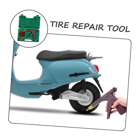 Complete Heavy Duty Motorcycle Tire Repair Kit Featuring Abs Metal Plug Insertion Tool for Tubeless Street Bikes and Scooters with repair tool in hand.