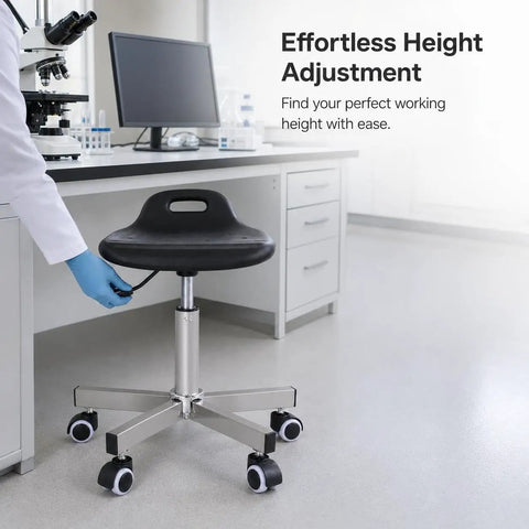 Heavy Duty Swivel Stool With Wheels Built From 304 Stainless Steel Smooth Operator Design, showing height adjustment feature.