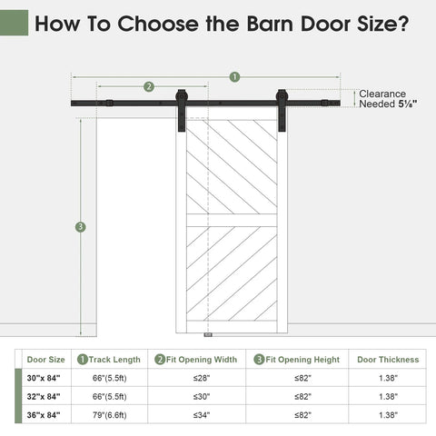 Illustration showing 36 Inch By 84 Inch Sliding Barn Door With Six Point Six Foot Hardware Kit And Handle Included Solid MDF Wood Slab Covered With Water Proof And Scratch Resistant PVC Surface Simple Do It Yourself Assembly Chevron Pattern with size guide.
