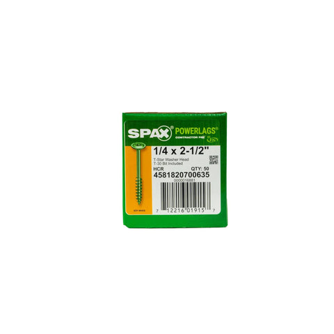 Heavy Duty Exterior Wood Lag Screws 1/4 X 2-1/2 Inch Structural Bolts in green packaging with Torx drive for decking.