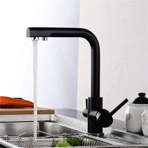 Black Kitchen Faucet with 360° SwivelDual Handle Water Filter TapDeck-Mounted Mixer with Aerator3-Way Design for Clean Drinking WaterAusious Clouds LWX in a sink with water flowing.