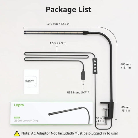 Clip On Desk Lamp LED Reading Light With USB Power Dimmable 3 Color Modes And 10 Brightness Levels Small Clamp Table Light With Flexible Gooseneck For Bed Headboard Home Office Computer Black package contents