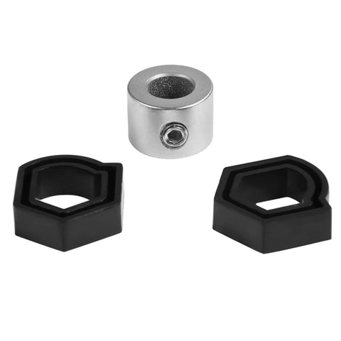 Respicefinem 35mm concealed hinge jig set: metal bore guide sleeve and two black plastic guides.