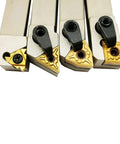 Front view of 5/8 Inch CNC Lathe Indexable Turning Tool Holder Set With Nickel Plated Finish Includes 4 Carbide Inserts And 3 Wrenches.