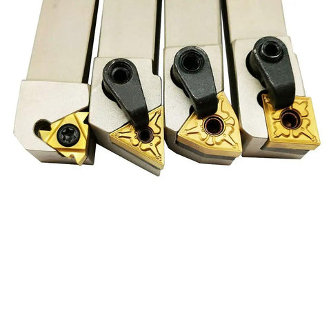 Front view of 5/8 Inch CNC Lathe Indexable Turning Tool Holder Set With Nickel Plated Finish Includes 4 Carbide Inserts And 3 Wrenches.