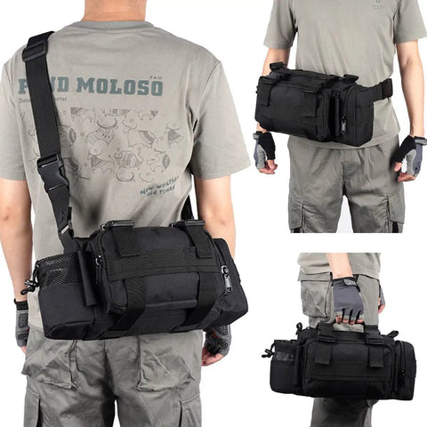Person carrying a Bike Handlebar Bag With 900D Nylon Water Resistant Tactical Waist Pack For Cycling And Hiking, black, with MOLLE system.