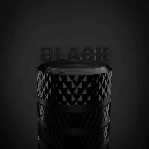 Black Anodized Tire Valve Stem Caps, textured top view, corrosion resistant aluminum, part of 10 pack, universal fit for vehicles