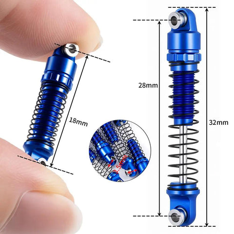 Close-up of blue 28mm RC Oil Shocks 4Pc Aluminum Shock Absorbers for 1/30 Axial SCX30 Wrangler Bronco RC Crawler