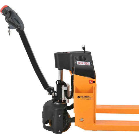 Premium Global Industrial Self-Propelled Electric Pallet Jack Truck Featuring Dual 60Ah Batteries ergonomic handle side view