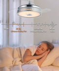 Retractable Ceiling Fan With Lights And Bluetooth Speaker, 42 Inch, remote control, silent motor, above sleeping child in bed.