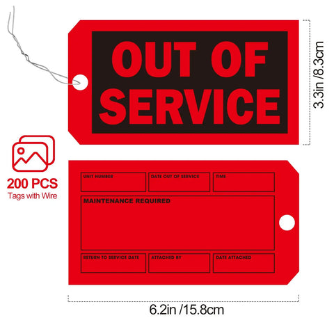 Straight-Up Red Out Of Service Tags With Galvanized Wire Ties, 200 Pack Heavy Duty Laminated Repair Required Lockout Signs for OSHA. Size: 6.2in x 3.3in.