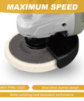 Top Shelf Natural Wool Felt Polishing Pads 4.5 Inch Angle Grinder Buffing Wheels For Car Wax Rust Stripping And Slick Mirror Finish Ultra Tough 6 Pack mounted on grinder.