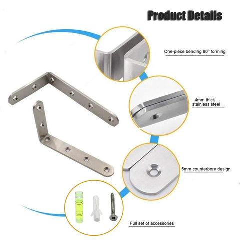 Super Sturdy Stainless Steel Shelf Brackets Rust Resistant Corner Support Panels with 4mm thickness and included accessories.