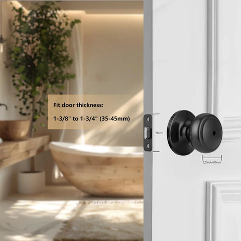 Matte Black Interior Door Knob With Lock For Privacy installed on bedroom door, coastal style with round rosette, bathtubs nearby