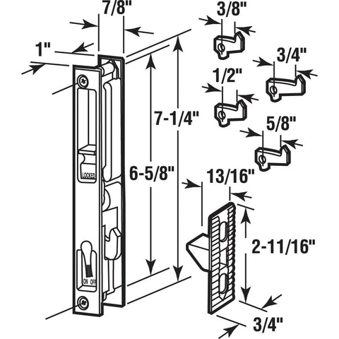 Diagram of Diecast Keyed Patio Sliding Door Handle Set For One Inch To One And One Eighth Inch Thick Sliding Glass Doors White Replacement Flush Mount Handle With Four Latches