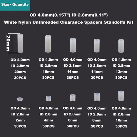 White Nylon Unthreaded Round Spacers, OD 4mm ID 2.8mm For M2.5 Screws, Durable Standoffs For Electronics And 3D Printer Projects, Nonconductive, Precise Fit, Easy Mounting, size chart with 2-20mm lengths