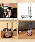 Collage of 8 Pack Swivel Plate Casters With Red Polyurethane Wheels 2 Inch Diameter Plate 50mm used with tools and furniture