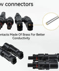 4 Pack Solar Y Connectors For Parallel Panel Wiring M To FF And F To MM shown with brass contacts for conductivity