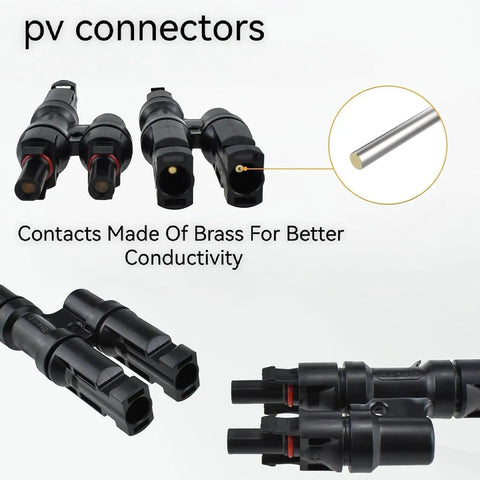 4 Pack Solar Y Connectors For Parallel Panel Wiring M To FF And F To MM shown with brass contacts for conductivity
