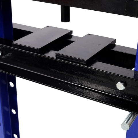 SRECELL 20-Ton hydraulic shop press close-up of blue H-frame and black steel bed