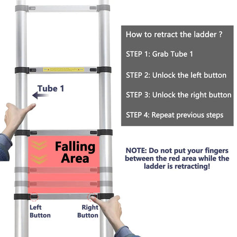 Instructions for retracting the Telescopic Aluminum Extension Ladder 12.5 Ft Multi Purpose Collapsible Ladder With Non Slip Feet And Locking Mechanism