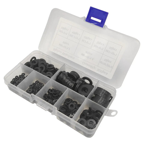 Nylon Flat Washers Assortment Kit 500 Pcs Black for Screws and Bolts 8 Size Set for Household Outdoor DIY Projects Handy for Furniture Repair and Equipment Maintenance Ideal for Home Repairs and Durable Indoor Outdoor Use, open organizer box