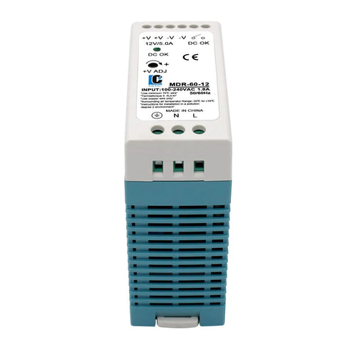 Front view of 12V DC DIN Rail Power Supply 60W 5A, 100-240VAC Input, 12V Output, 50/60Hz Switching Converter For Easy Panel Mount Box Install