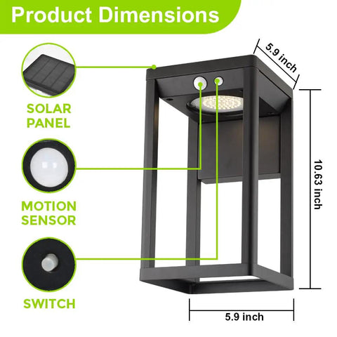 Diagram of Aluminum Solar Wall Light With Motion Sensor 3 Lighting Modes Dusk To Dawn IP44 Waterproof Outdoor Wall Sconce dimensions.