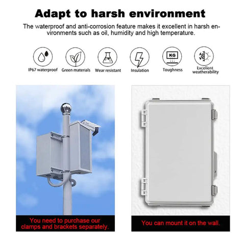 Heavy Duty Waterproof Electrical Enclosure Box Ip67 Rated Abs Plastic Housing With Stainless Steel Fasteners Beefy Outdoor Junction Case For Diy Wiring Projects Keeps Your Setup Bone Dry And Locked Down mounted on pole in outdoor setting.