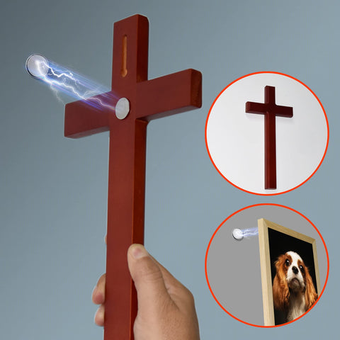 Red cross with magnetic catch set demonstrating magnet function holding a picture frame