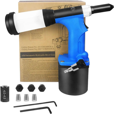 Pneumatic Pop Rivet Gun Kit Pro Grade With 20mm Stroke And 360 Degree Swivel shown with accessories.