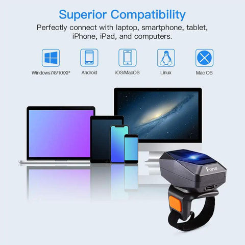 1D Finger Ring Barcode Scanner With Bluetooth And 2.4GHz Wireless And USB Wired Options with various compatible devices