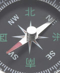 Close-up of Mini Stainless Steel Compass For Camping And Hiking, displaying compass needle and directions on black face
