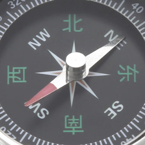 Close-up of Mini Stainless Steel Compass For Camping And Hiking, displaying compass needle and directions on black face