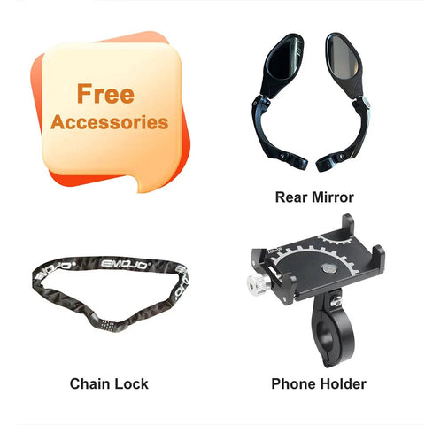 Free accessories for Big Time Comfort Meets Heavy Duty Power On This Fat Tire Electric Trike, including rear mirror, chain lock, and phone holder.