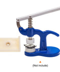 Eight Piece Watch Case Press Die Kit With Nylon Back Fitting Dies Set For Table Model Capping Machine Screwed In Inserts For Easy Watch Repair With Pro Grade Quality White and a blue handle die press machine.