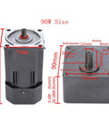 Geared 110V 90W AC Motor With Variable Speed Controller For Single Phase Use, dimensions and details labeled for size.