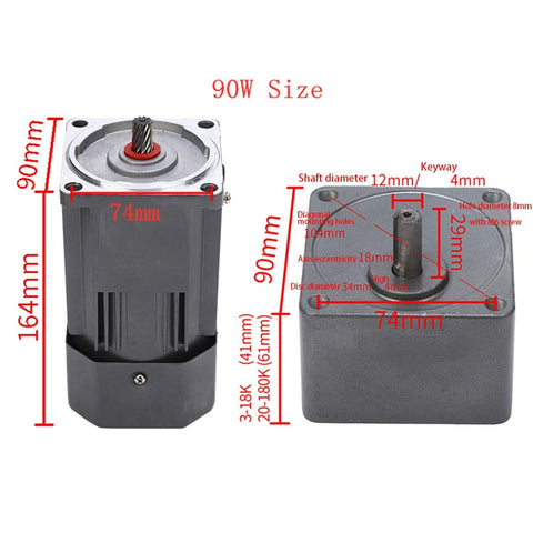 Geared 110V 90W AC Motor With Variable Speed Controller For Single Phase Use, dimensions and details labeled for size.