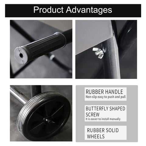 Close-up of Heavy Duty Outboard Motor Stand Cart with rubber handle, butterfly screw, rubber wheels for boats up to 165 lbs